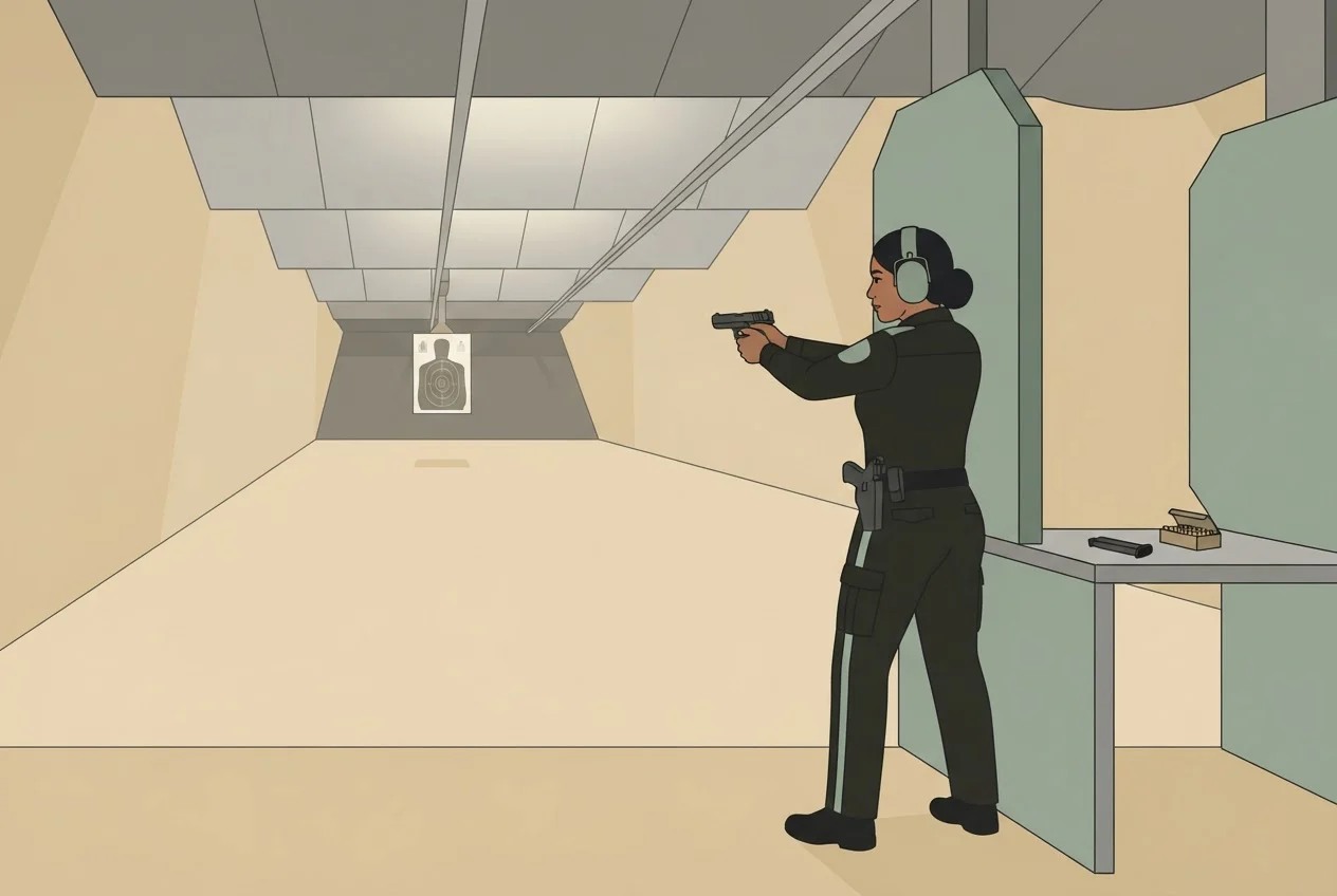 A guard in ear protection aims a handgun at a paper target in a shooting range lane.