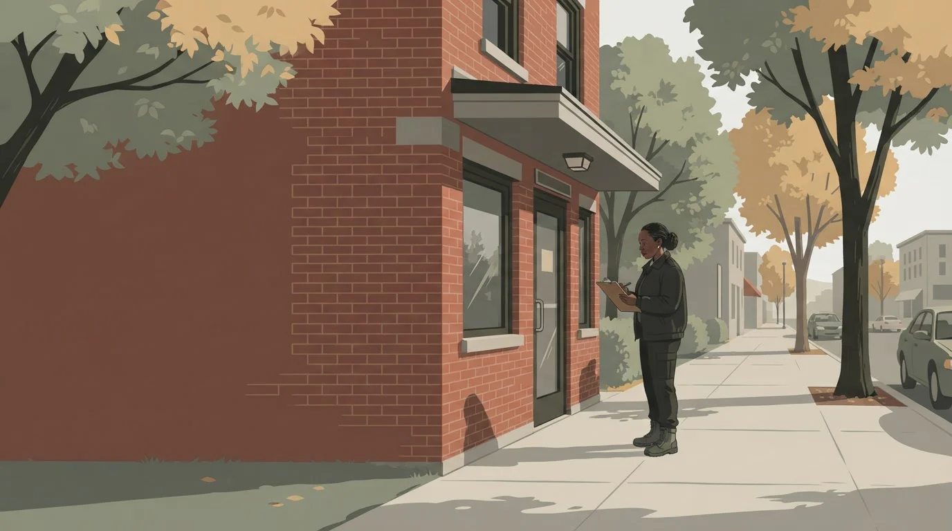 A uniformed security guard holding a clipboard stands at the entrance of a small brick building.