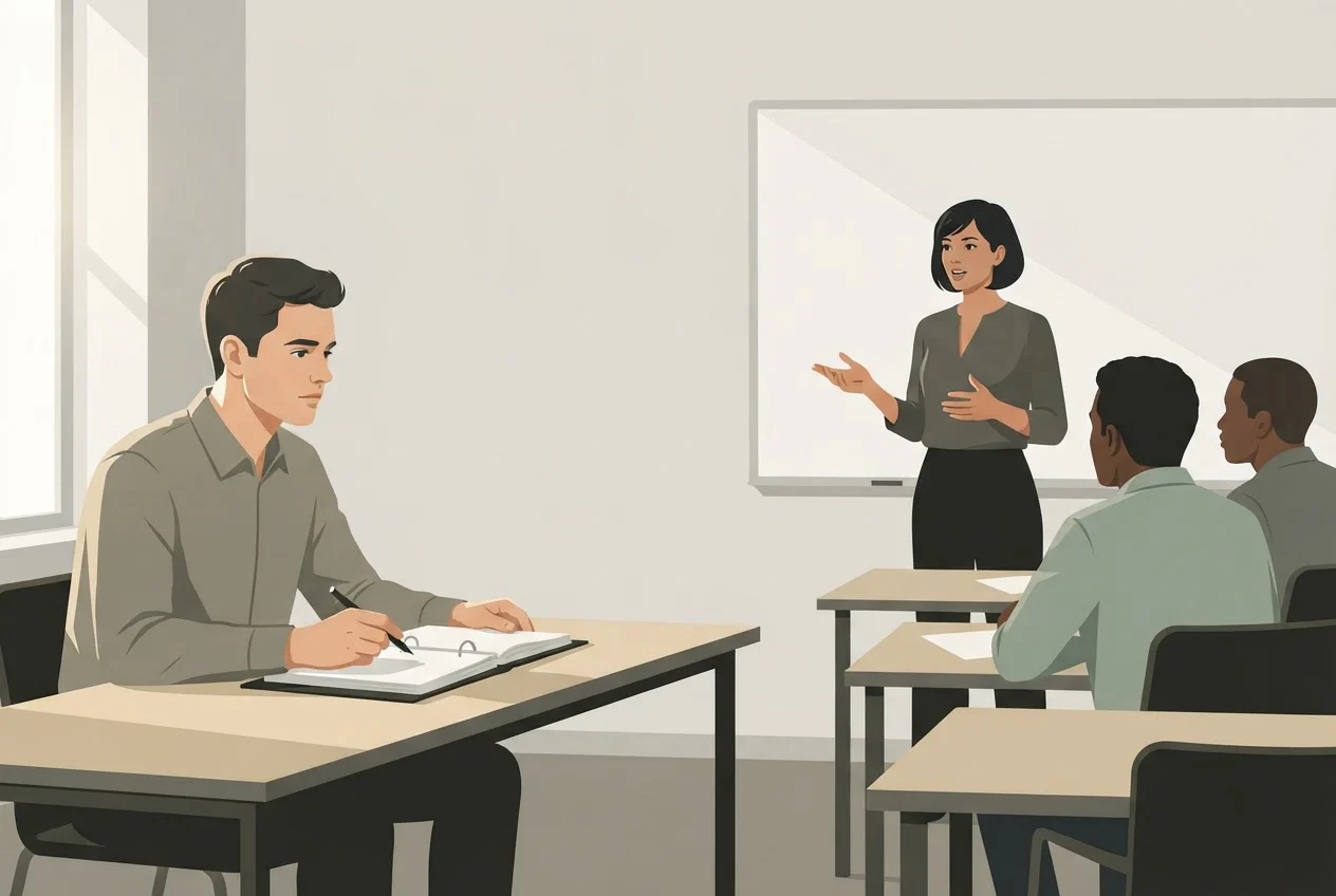 A trainee takes notes at a table in a small training classroom with an instructor and other learners.