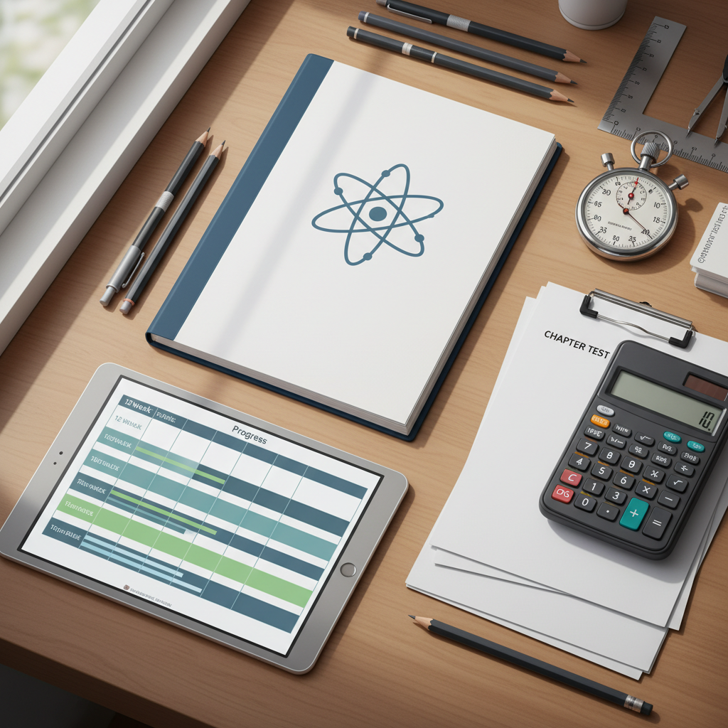 Twelve-week Physics progress audit on a notebook and tablet