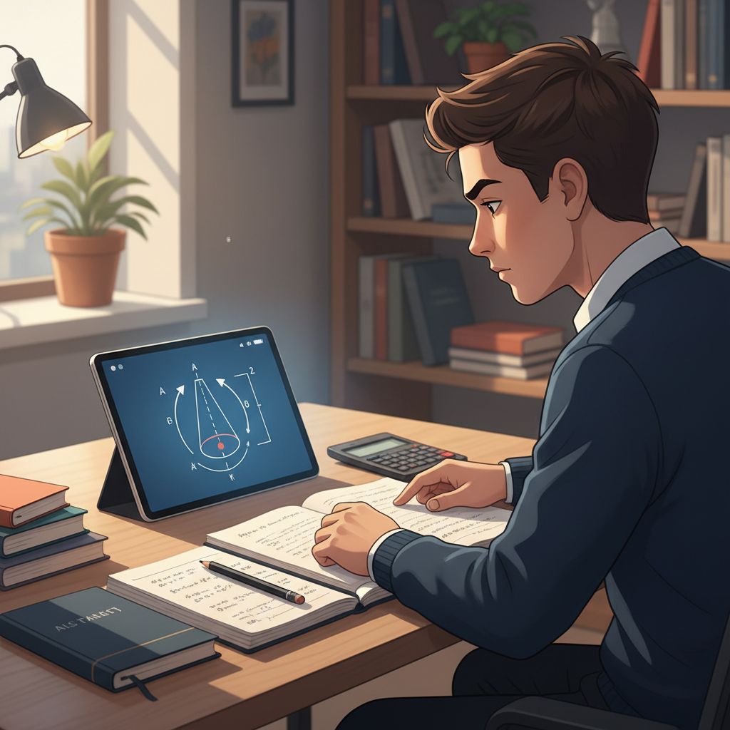 A student analyzing a physics diagram of a pendulum on a tablet at a modern desk.
