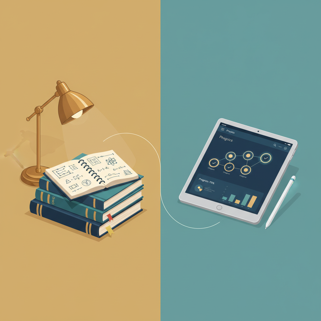 A split-screen conceptual illustration comparing self-study textbooks with a digital coaching dashboard.