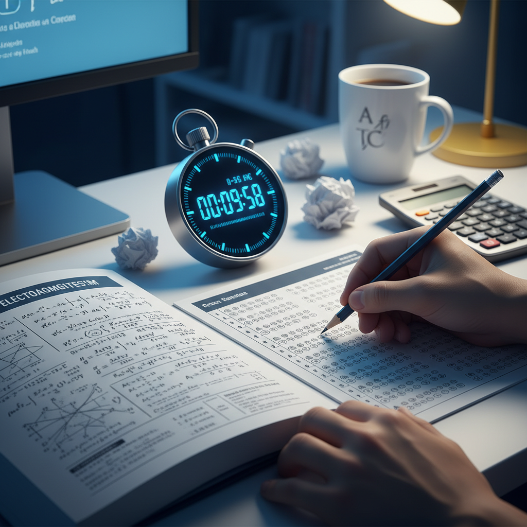 A close-up of a student's workspace with a physics textbook, a digital stopwatch, and a multiple-choice practice sheet.