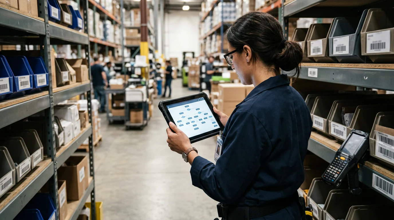 Inventory discrepancy decision tree on a warehouse tablet