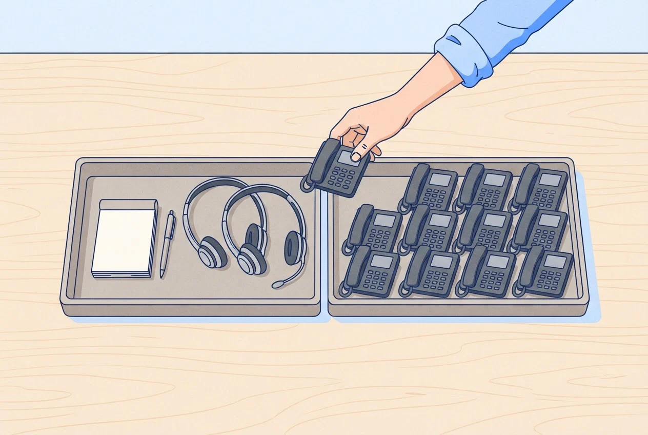 Two trays on a desk, one with a few phones in use and one with many untouched phones, as a hand moves a single phone between them.