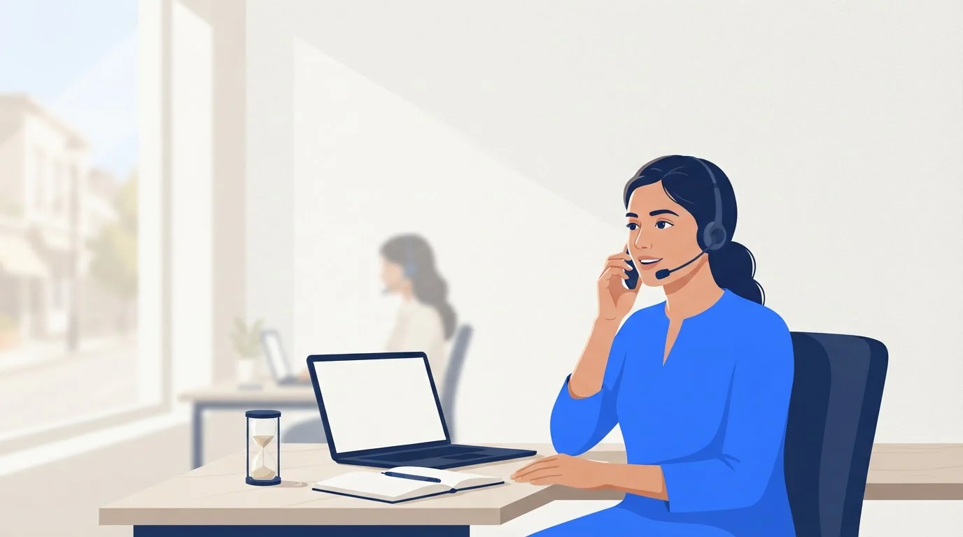 A woman wearing a headset takes a business call at a tidy office desk with a sand timer beside her laptop.