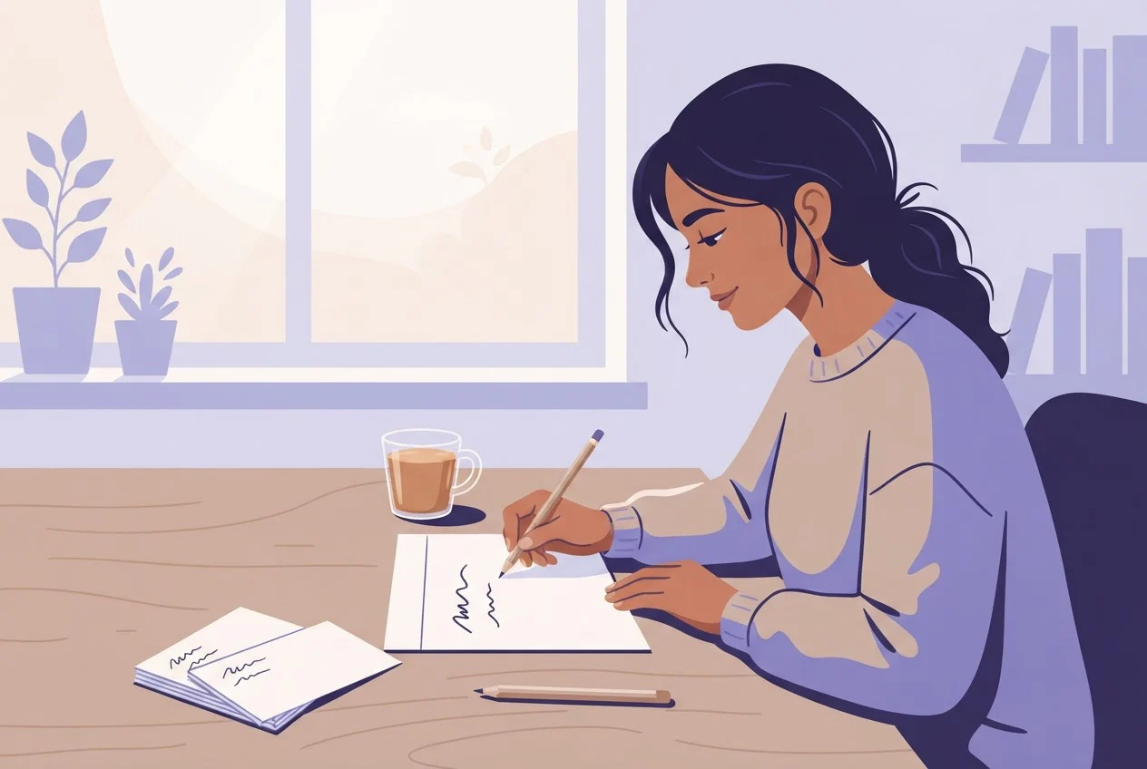 A young woman at a desk writes two lines on an index card while a few blank key-word cards lie beside her.