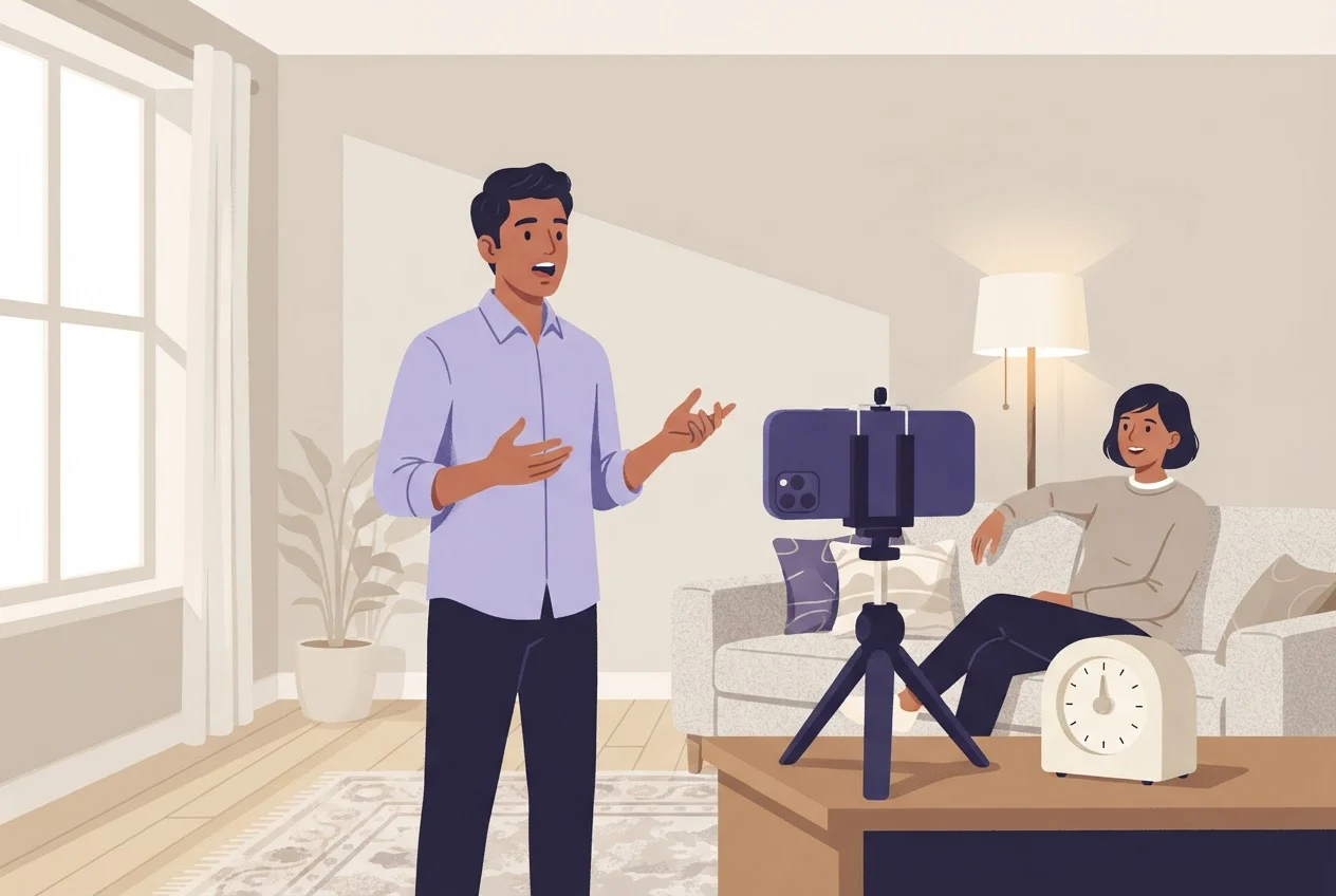A young man rehearses a speech standing up while a phone on a tripod records him and a friend listens from the sofa.