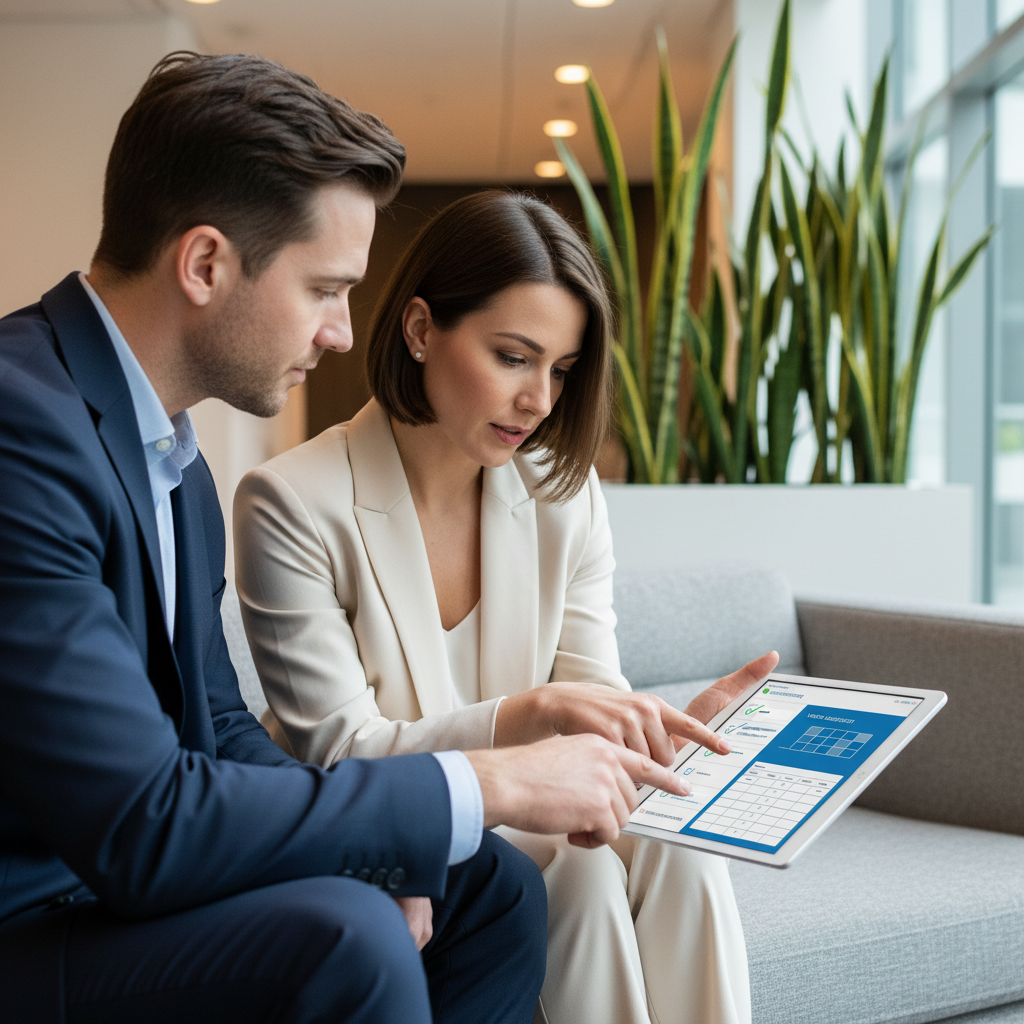 Two professionals reviewing a checklist on a tablet in a modern office lobby.
