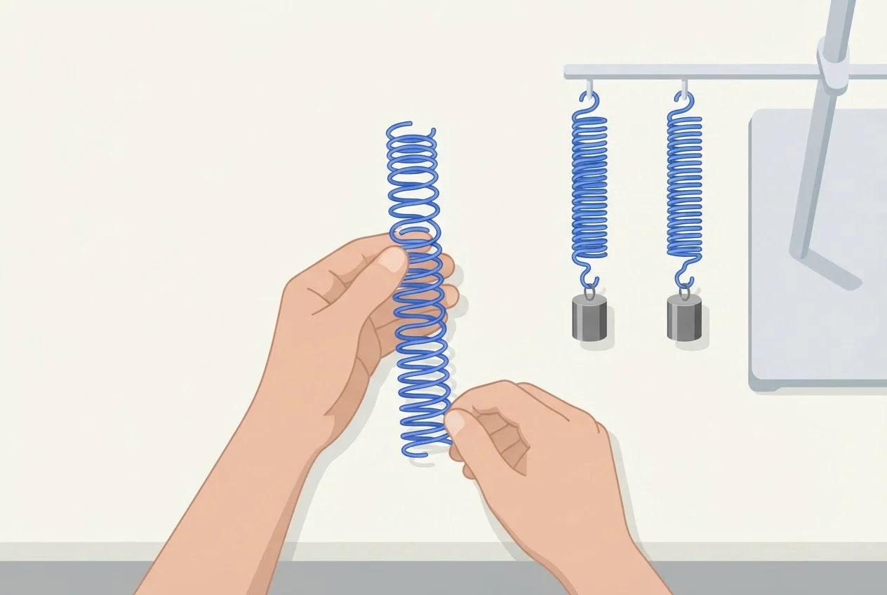 Hands hold a long coil spring next to two shorter half-length springs, each carrying a small mass.