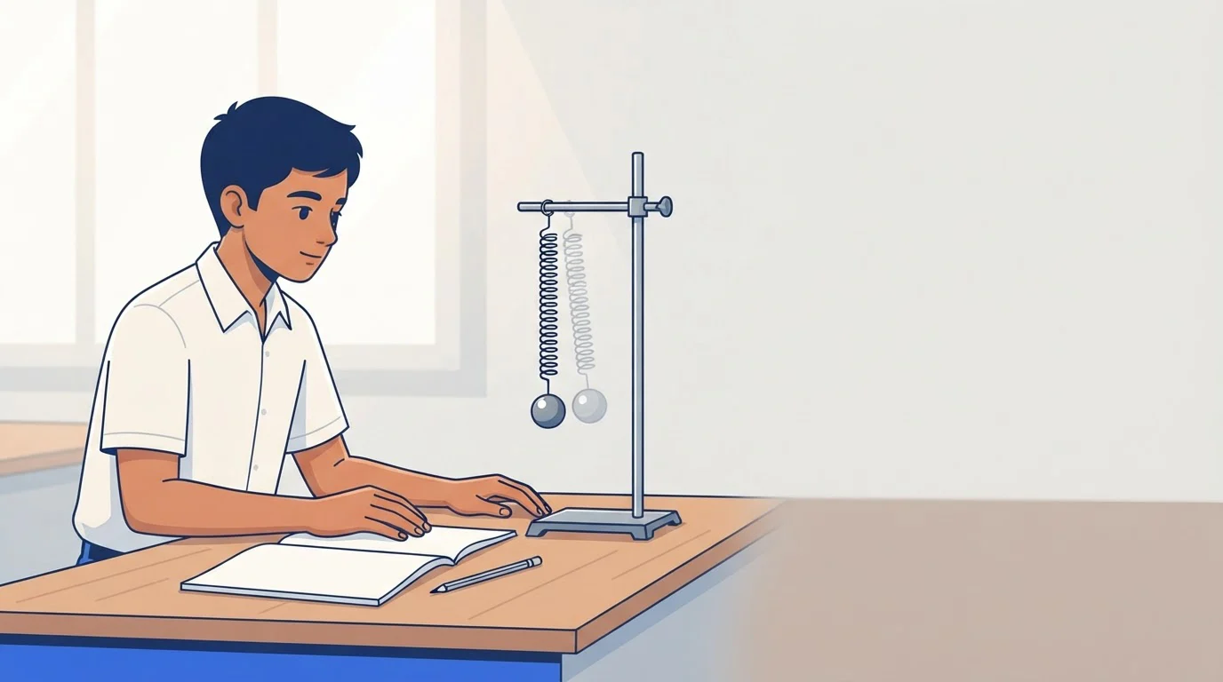 A student at a school lab bench watches a mass bobbing on a hanging spring.