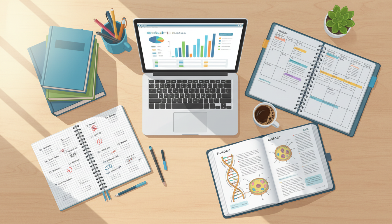 NEET daily study plan and mock analysis at a desk