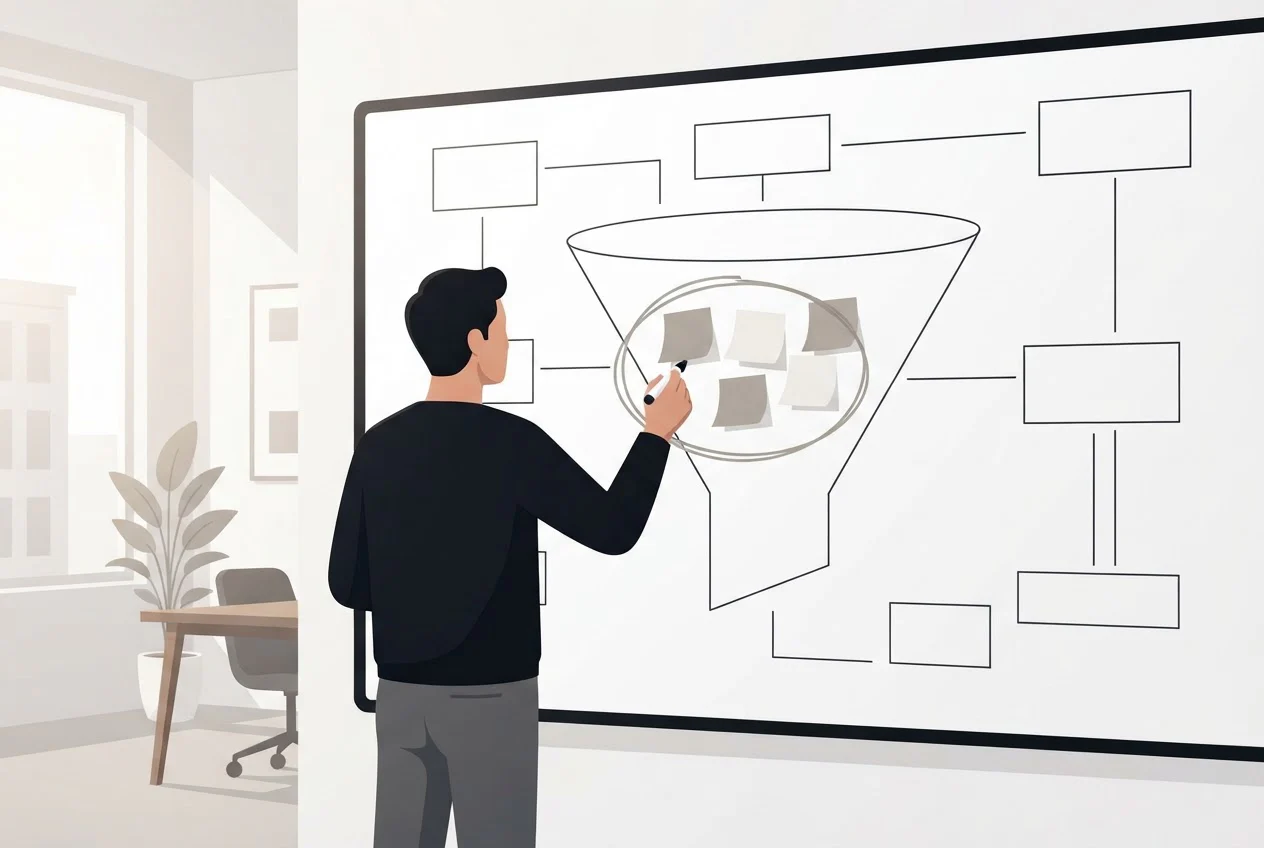A marketer at a whiteboard circling one small region inside a large outline, with a few blank sticky notes gathered inside it.