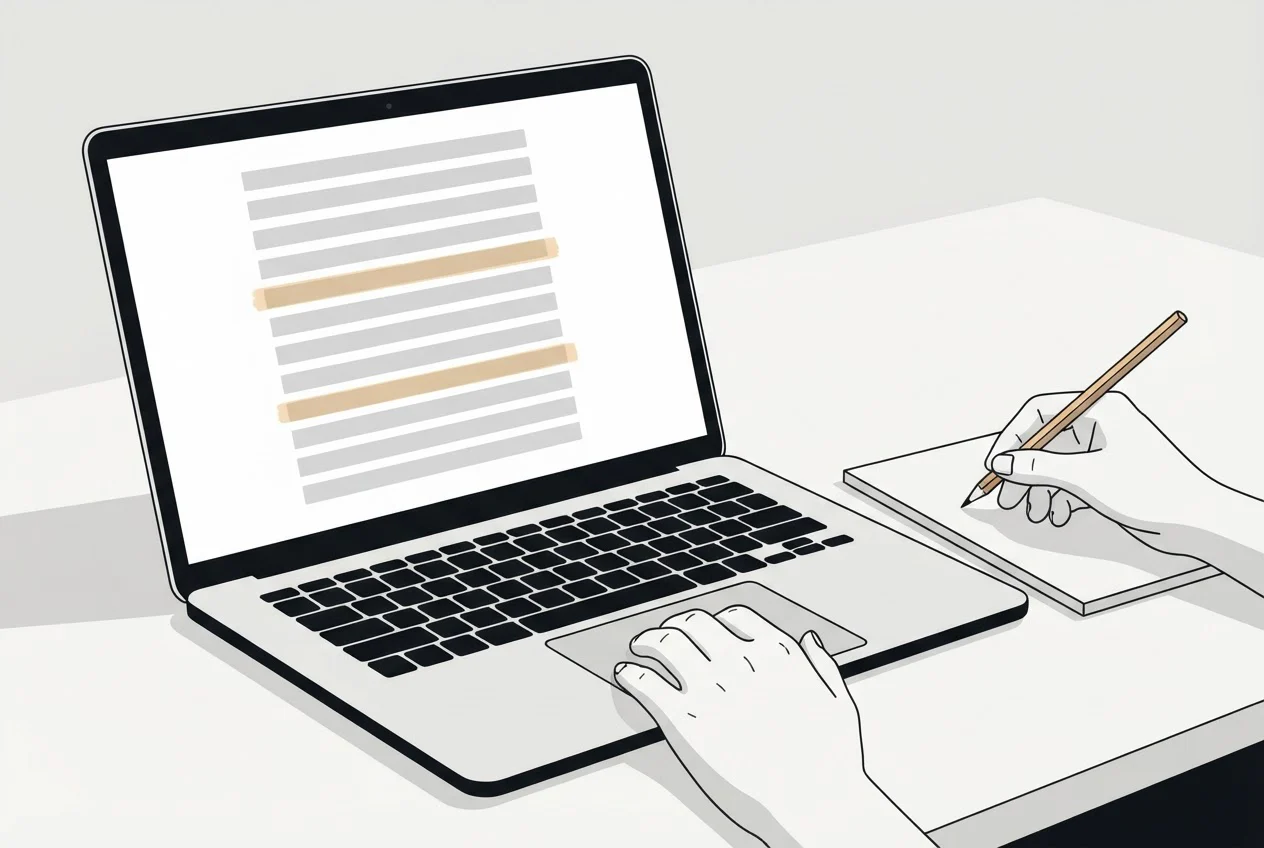 A person at a laptop reviewing a long list of bars with a few highlighted, pencil poised over a notepad.