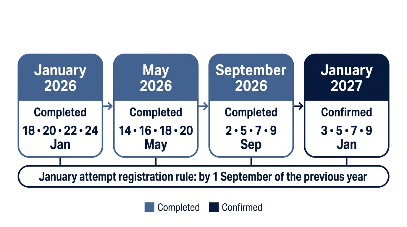 A four-stage CA Foundation timeline showing completed 2026 sittings and confirmed January 2027 dates.