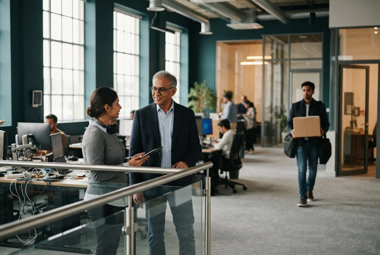 A business leader talks with a team lead on an operations floor while a project manager leaves in the background carrying a box.