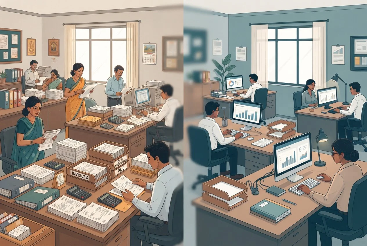 Two views of the same accounts office: staff still sorting paper invoices by hand, and later staff working smoothly on the new system.