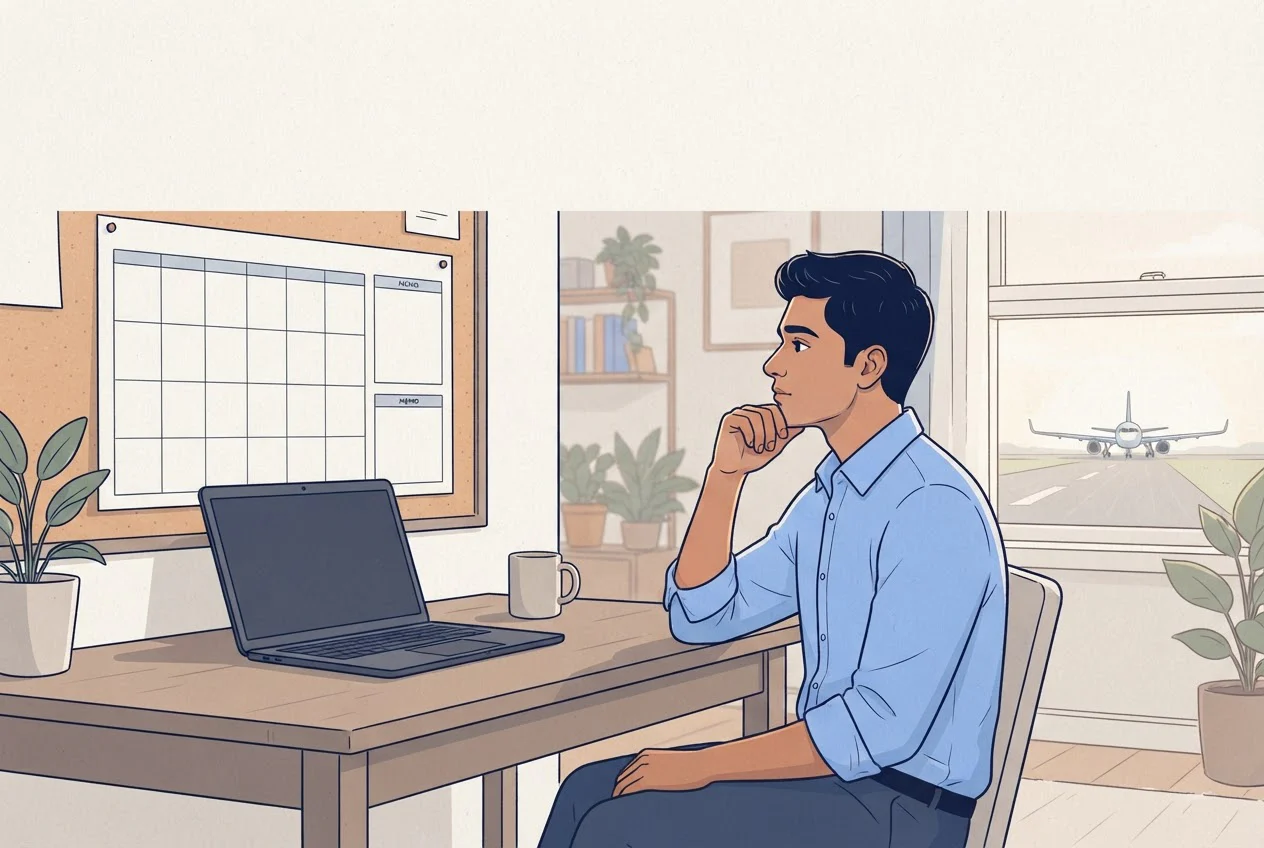 A candidate at a study desk looking out of a window towards an airport and a distant plane.