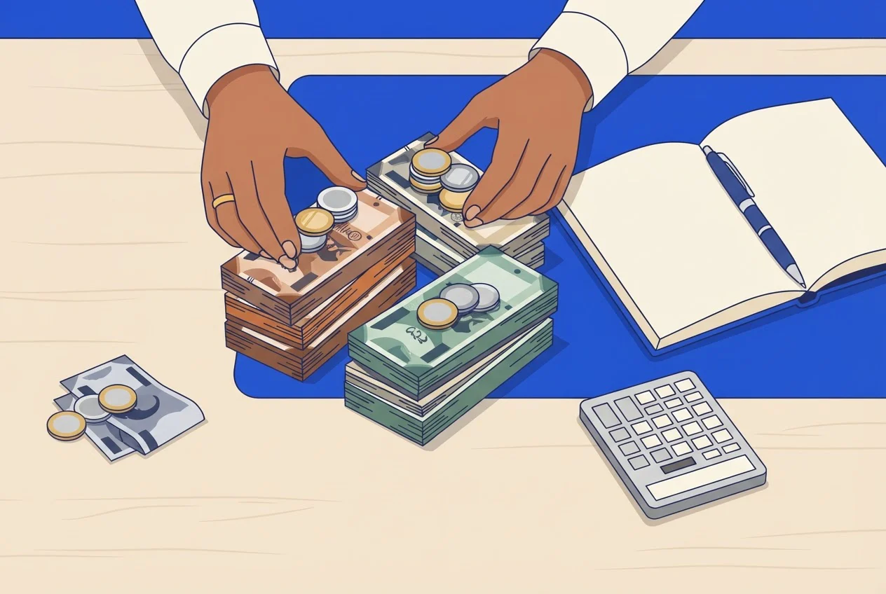 Hands arranging piles of coins and notes beside a notebook and calculator on a desk.