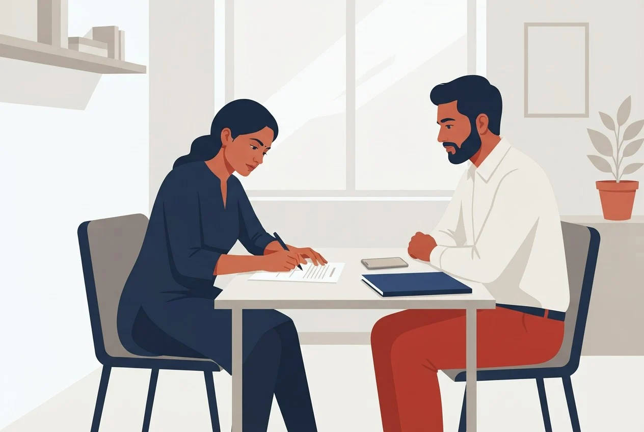 A store manager signs a permission form at a desk while a researcher waits across from him.