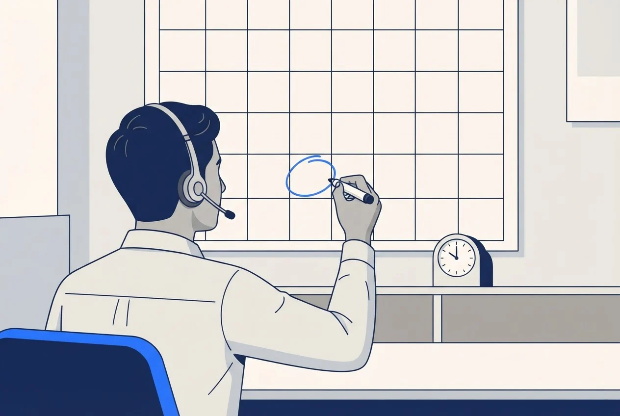 A sales executive in a headset circles a single square on a blank paper wall planner to fix the next call.
