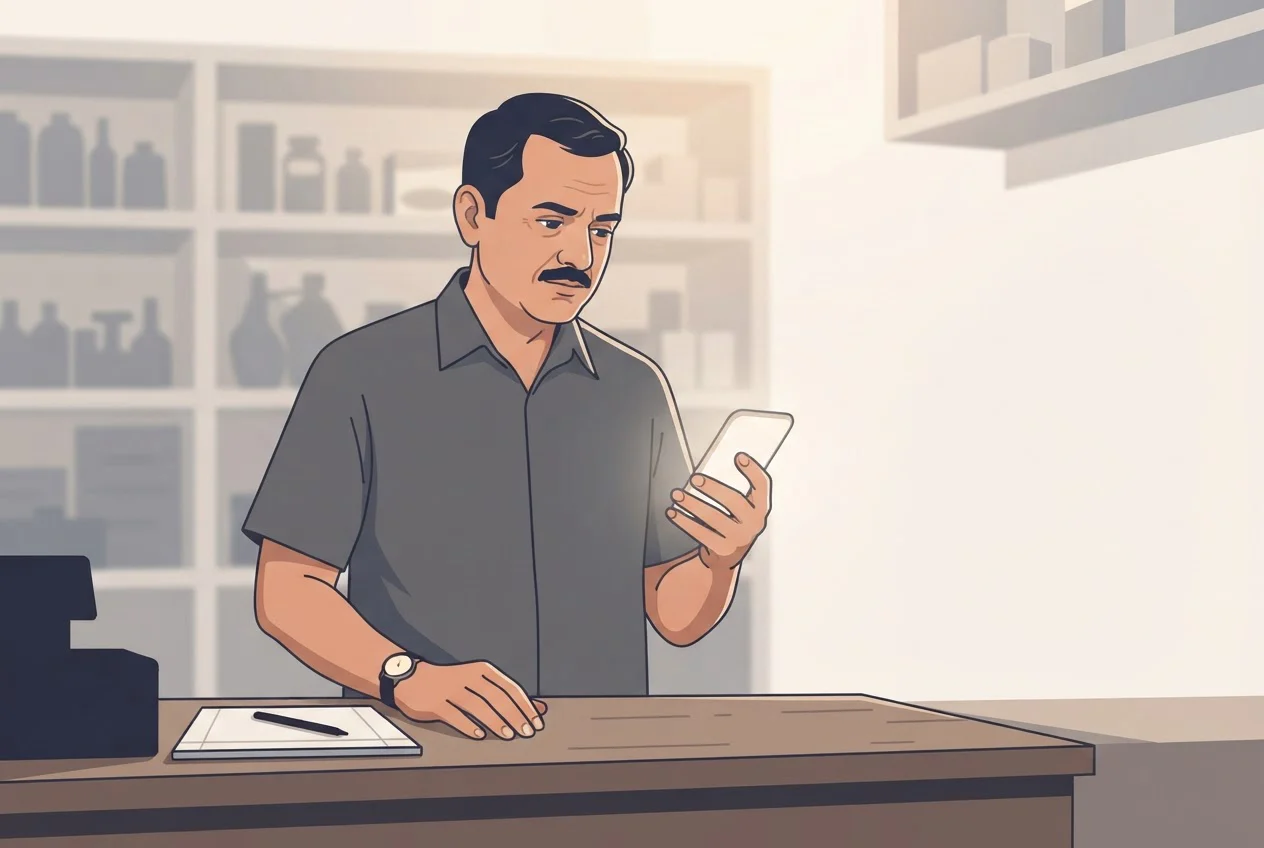 A shopkeeper behind his counter looks at his ringing phone, deciding whether to pick up an unknown call.