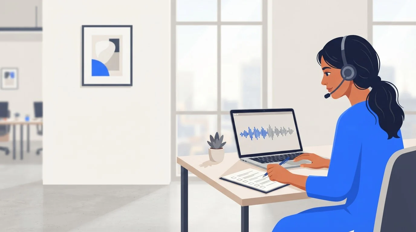 A sales rep in a headset reviews a recorded call on her laptop at a tidy desk, with a notepad of checkboxes beside her.