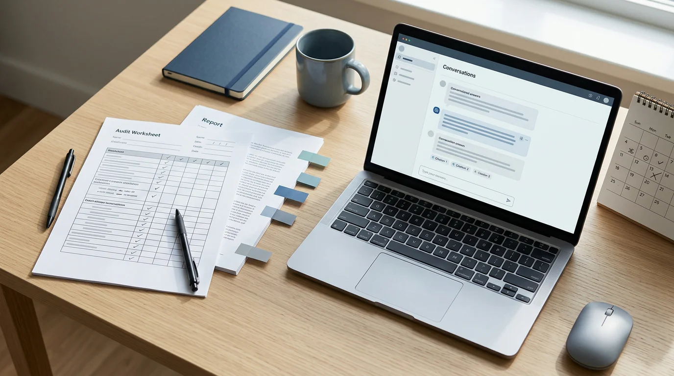 Structured AI recommendation audit worksheet beside a laptop