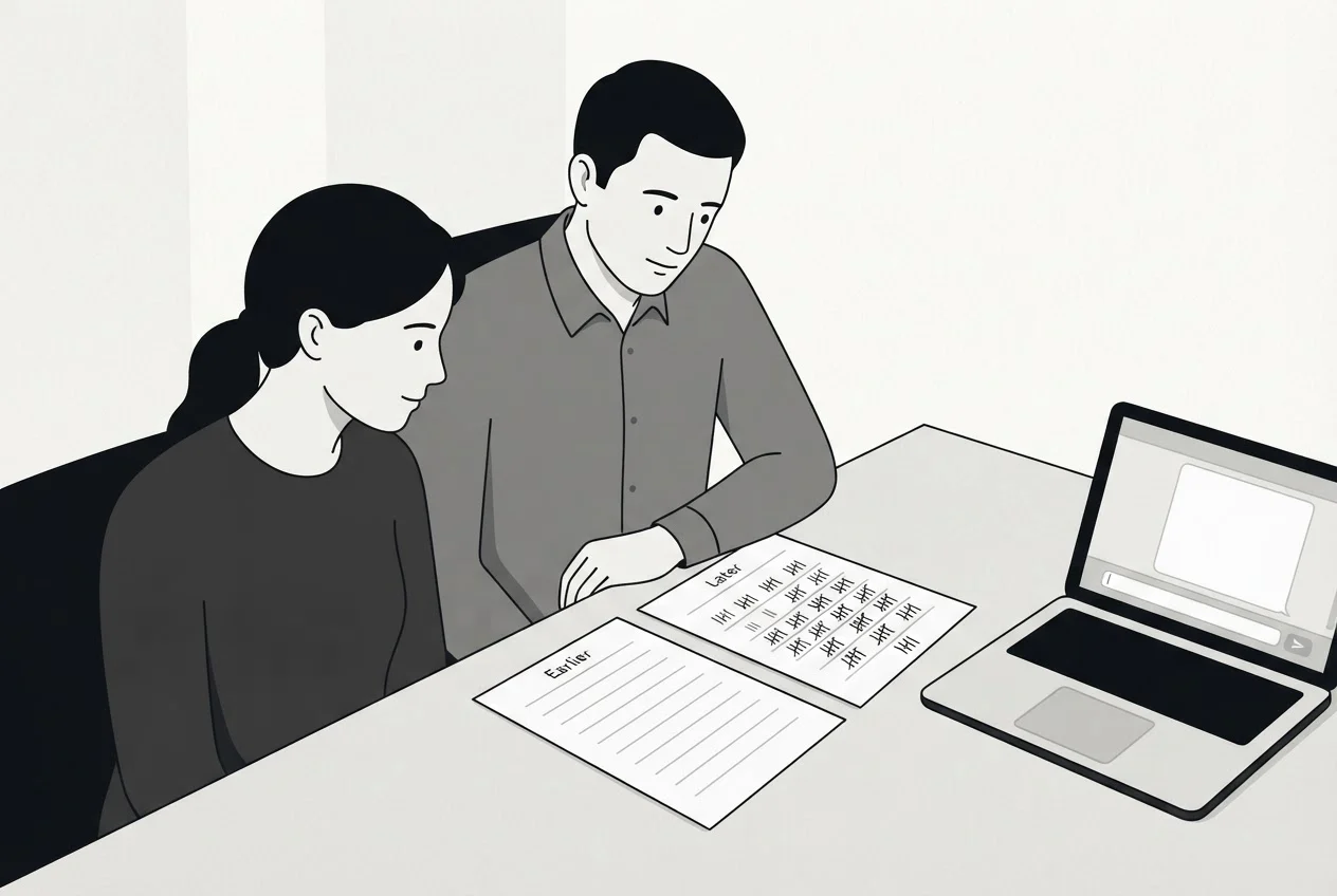 Two colleagues at a desk comparing two sheets of tally marks beside an open laptop.