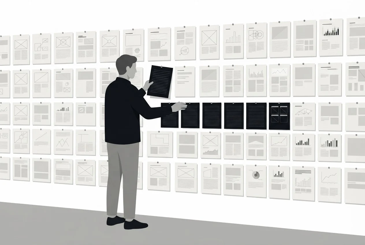 A person sorting printed pages on a wall into separate rows, moving one page to a new row.