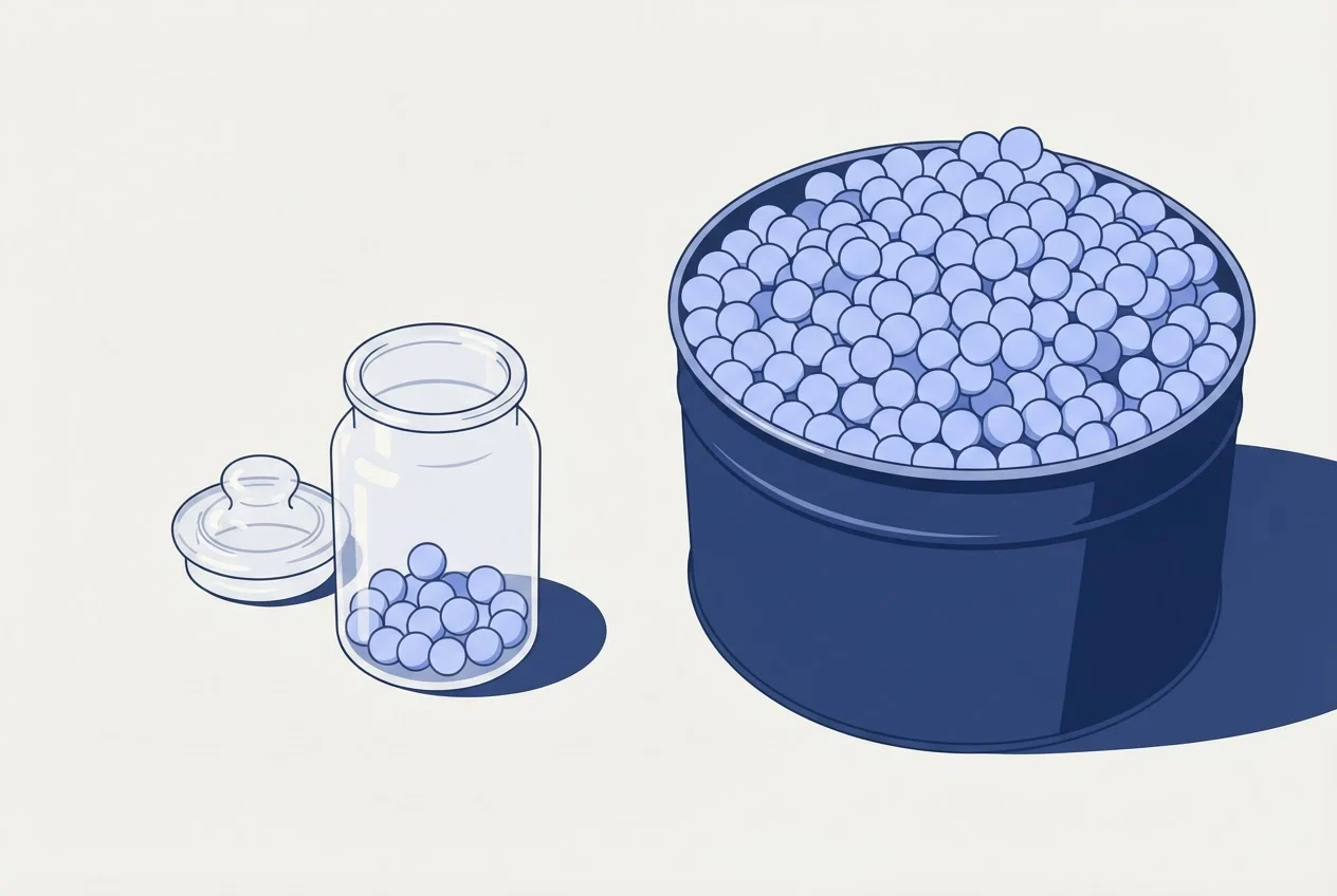 A jar holding a few marbles beside a large bin overflowing with many marbles.
