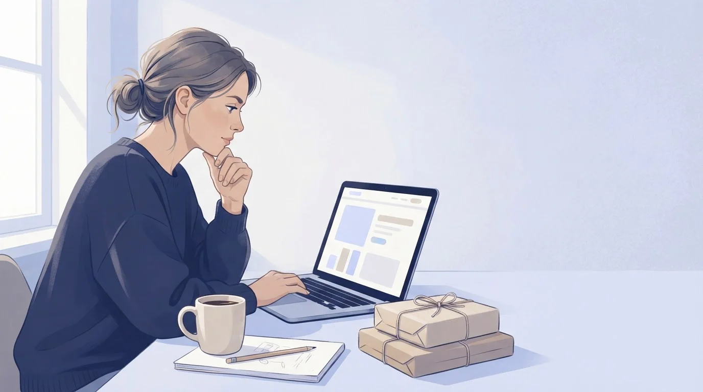 A shop owner studies charts on her laptop at a desk with a notepad and packed parcels beside her.