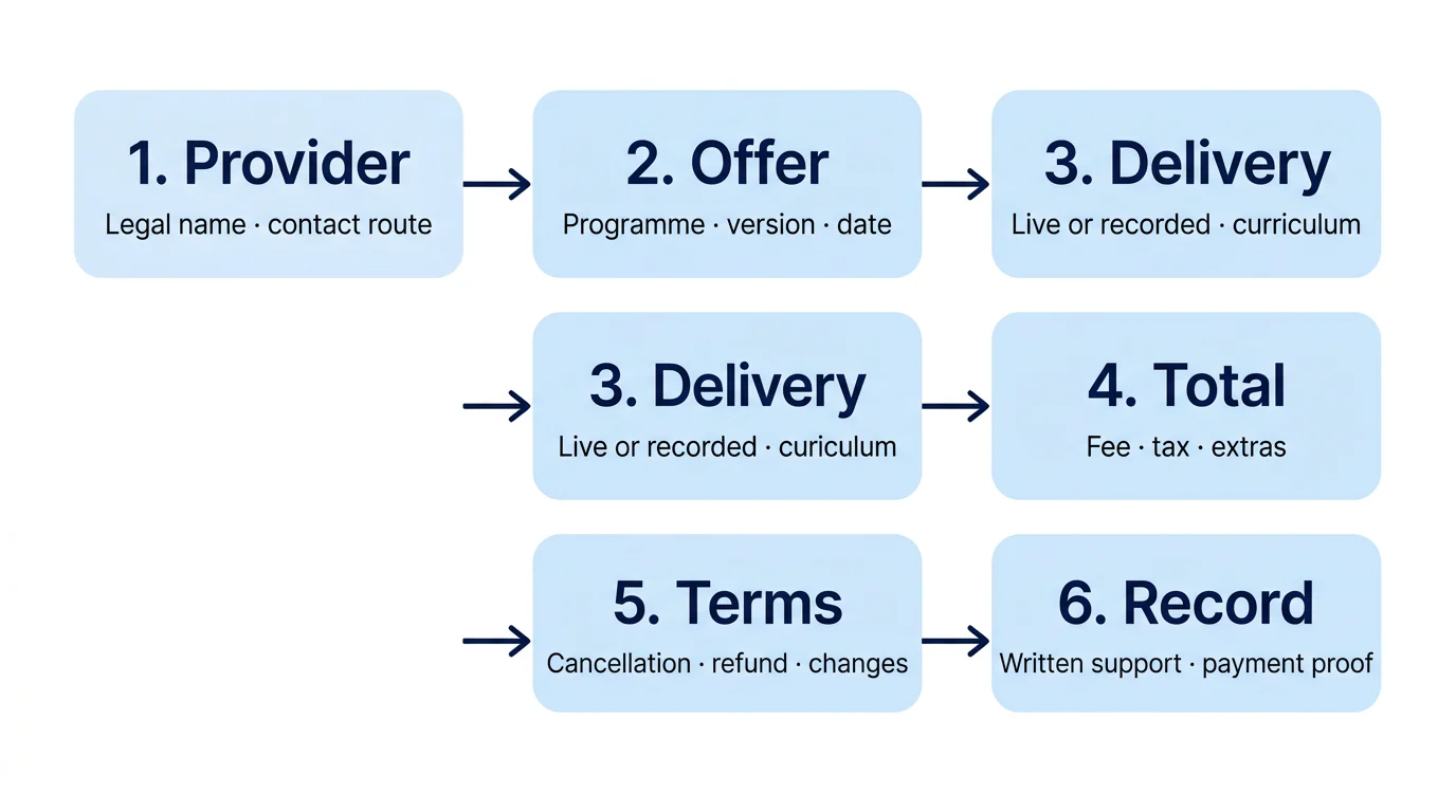 Six connected records to collect before paying for an online coaching programme.