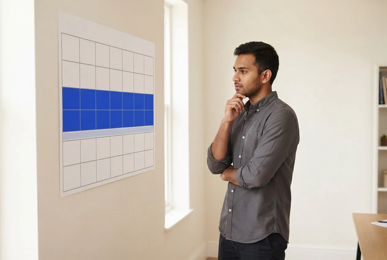A student studies a wall planner with highlighted bands that mark a limited window for filing the exam form.