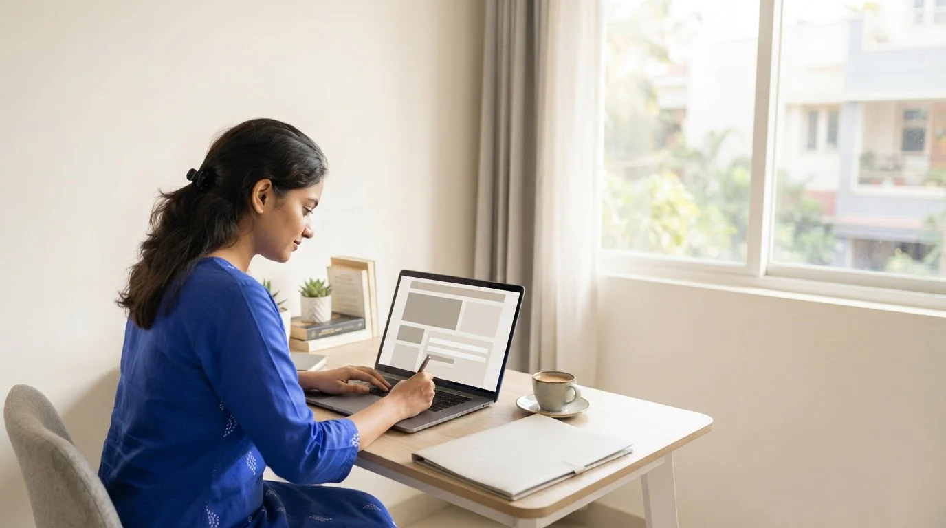 A student sits at a desk with a laptop and a folder, completing an online registration at home.