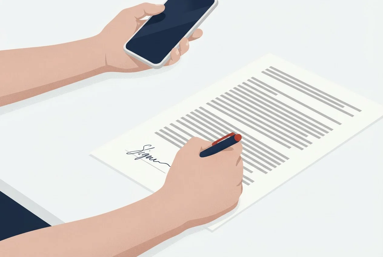 A hand signs the bottom of a long dense page while the other hand holds a phone and the person looks away.