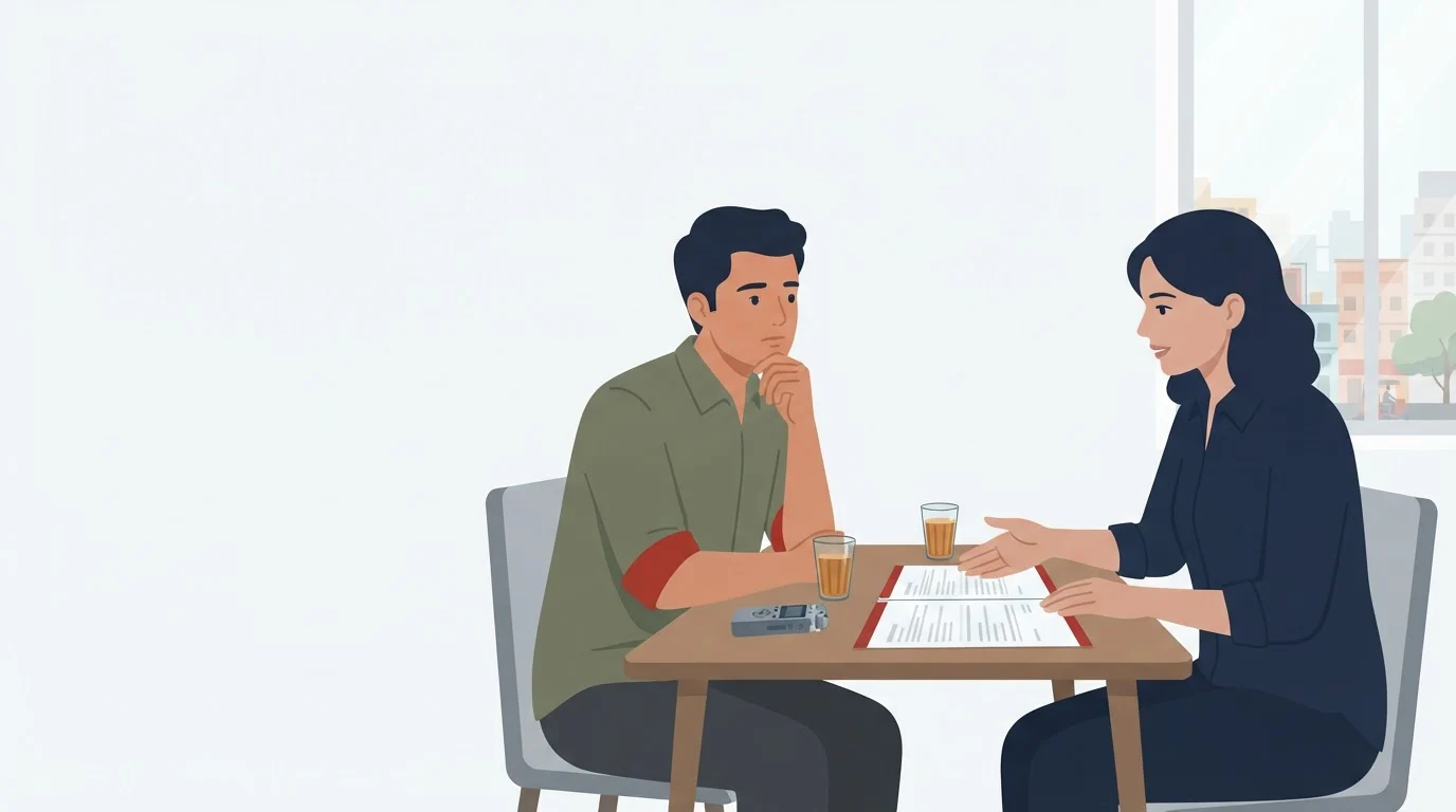 A researcher explains a printed consent form to a participant across a table with an audio recorder and two glasses of tea.