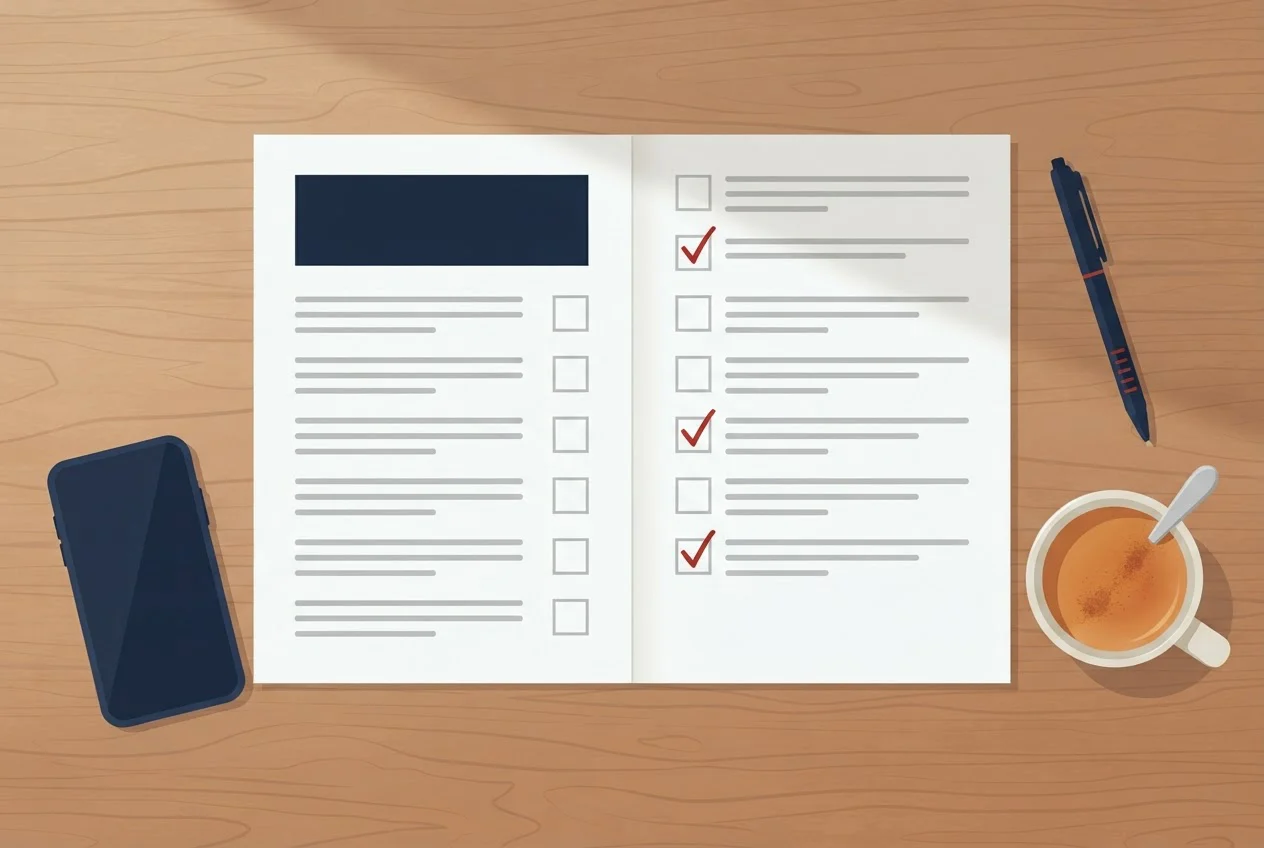 A two-page consent form with a summary at the top and separate tick boxes lies on a table beside a pen, a cup of chai and a phone.