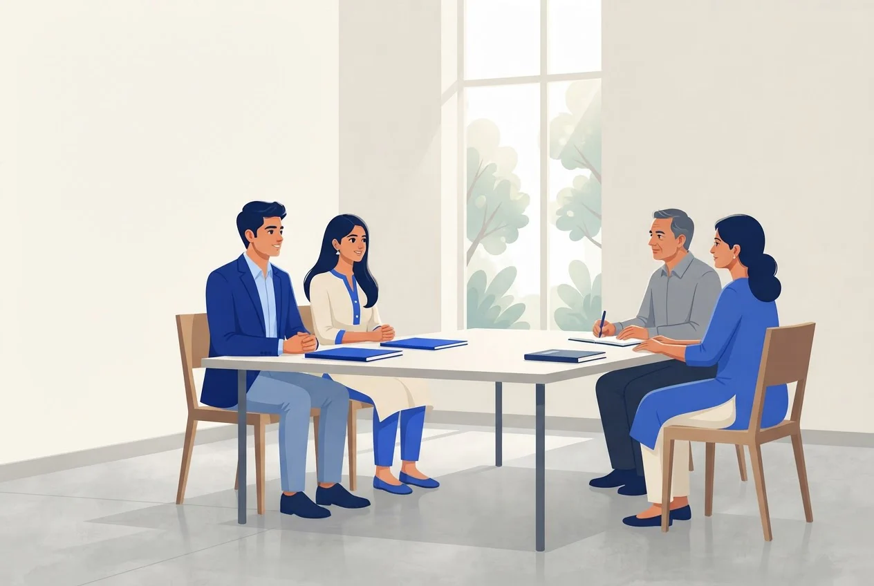 Two newly qualified candidates in formal wear sit across a table from two recruiters in a campus interview room.