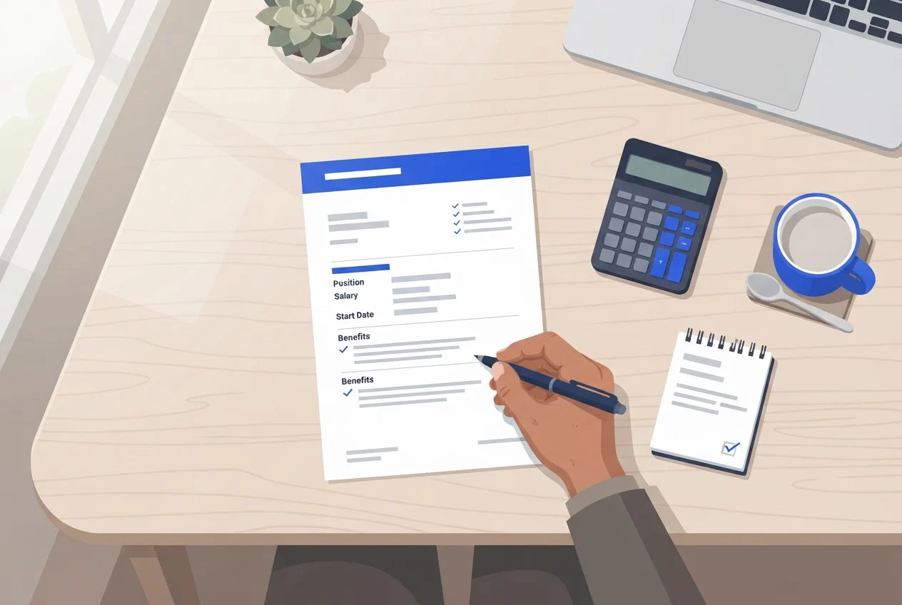 A hand with a pen works through a printed offer letter beside a calculator and notepad.