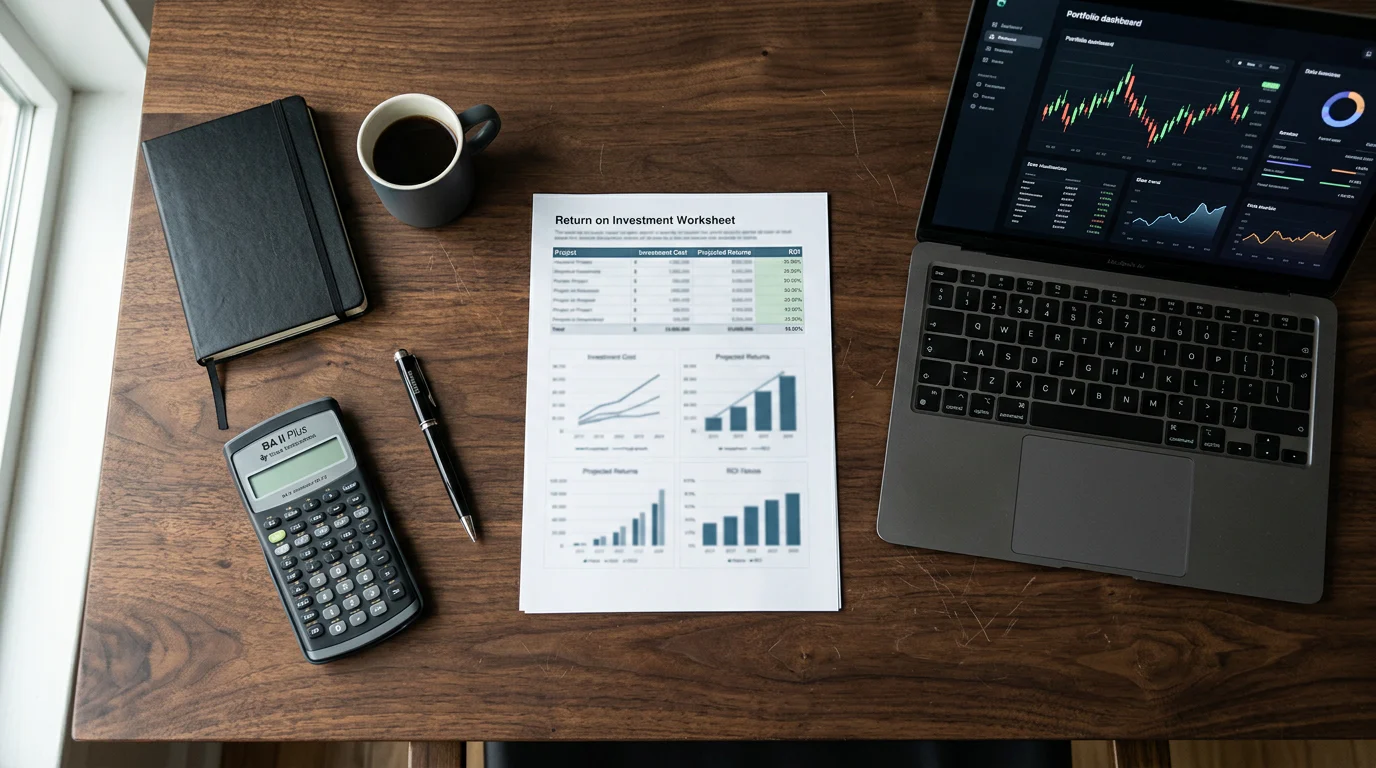 Portfolio certification ROI worksheet on executive desk