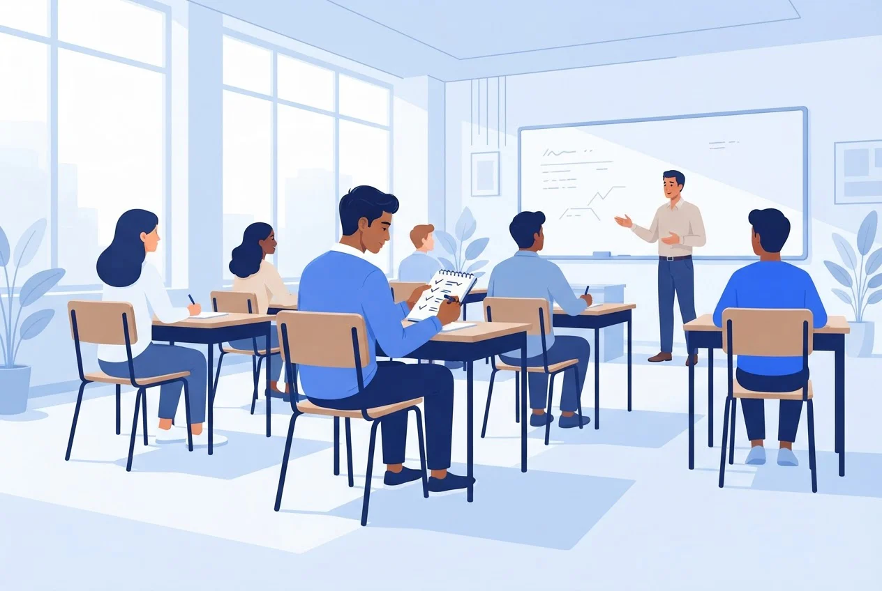 A student in a demo class taking notes and ticking a checklist while a teacher explains at the whiteboard.