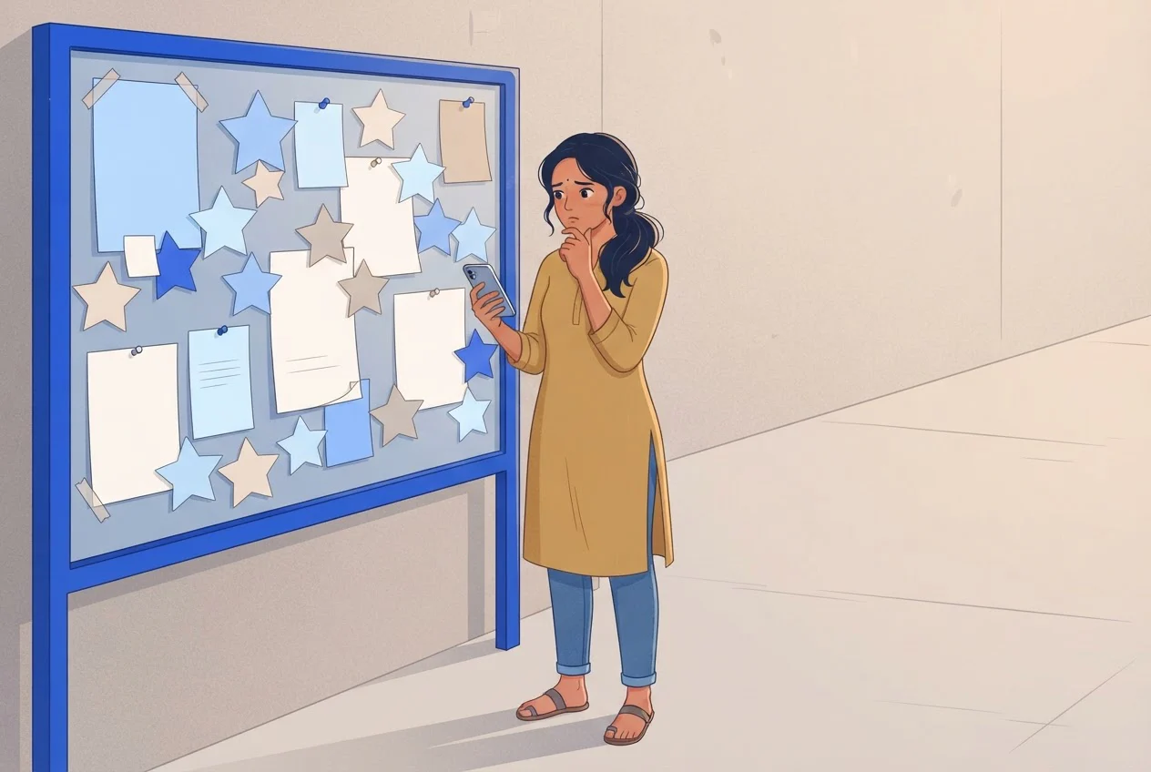 A young woman at a street noticeboard covered in blank flyers and star shapes, looking at her phone, unsure which to trust.
