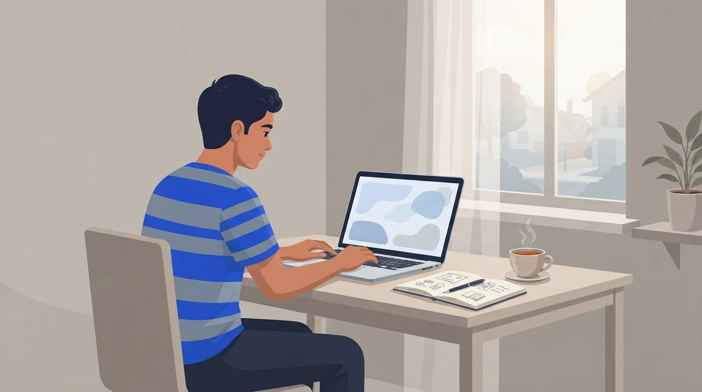 A student at a home desk watching a live online class on a laptop with a notebook and tea beside it.