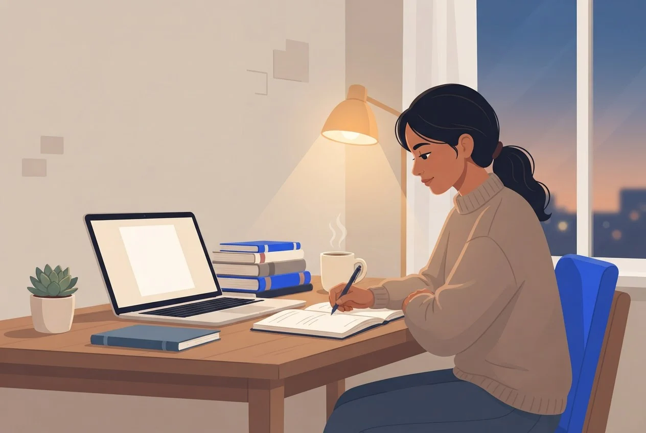 A young woman studies at a home desk with books, a laptop and a notebook in the evening.