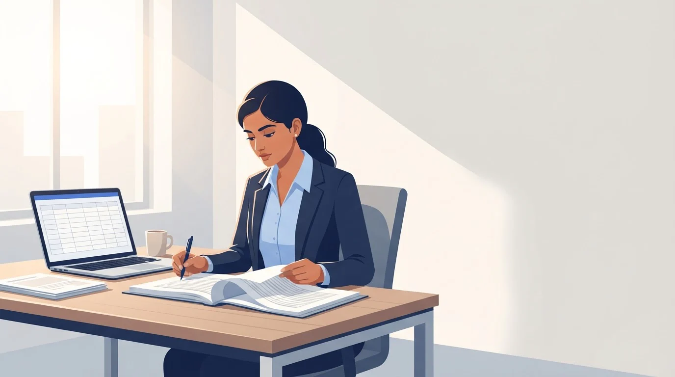 A young finance graduate reviews a printed audit file with a pen at a desk beside a laptop.