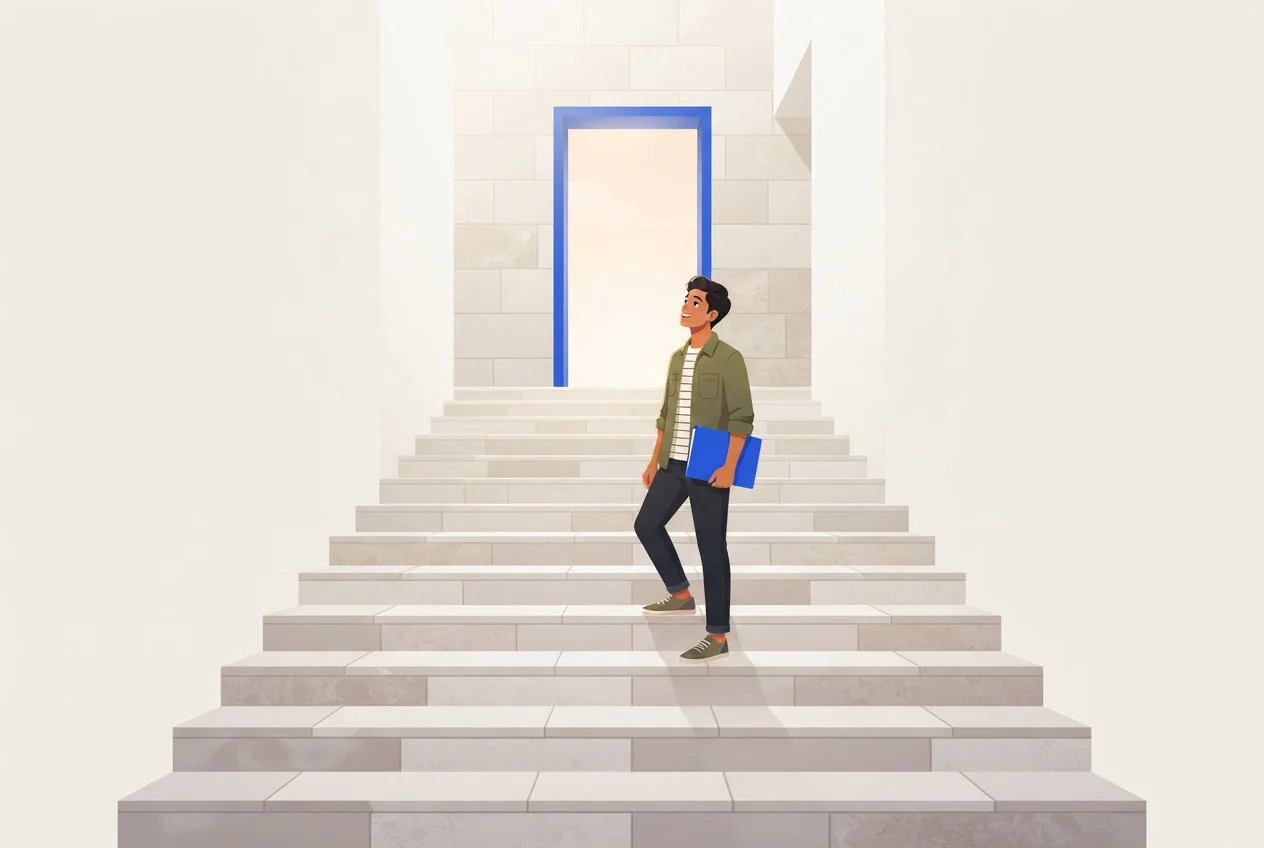 A student holding a folder stands midway up a flight of steps leading to a bright doorway.