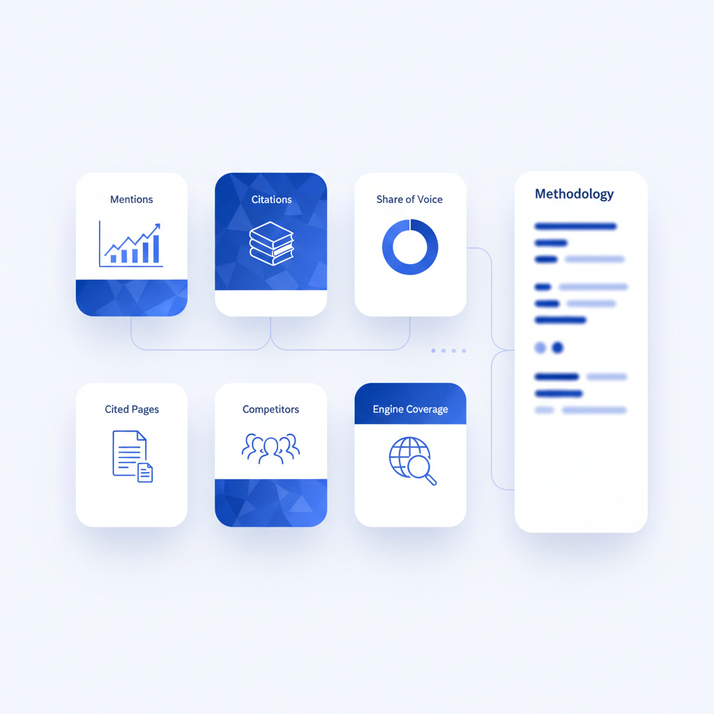 Auditable AI visibility metrics displayed as connected cards