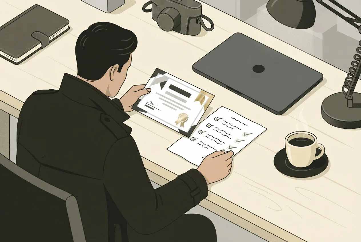 An investigator at a table compares a certificate against a checklist sheet before a job.