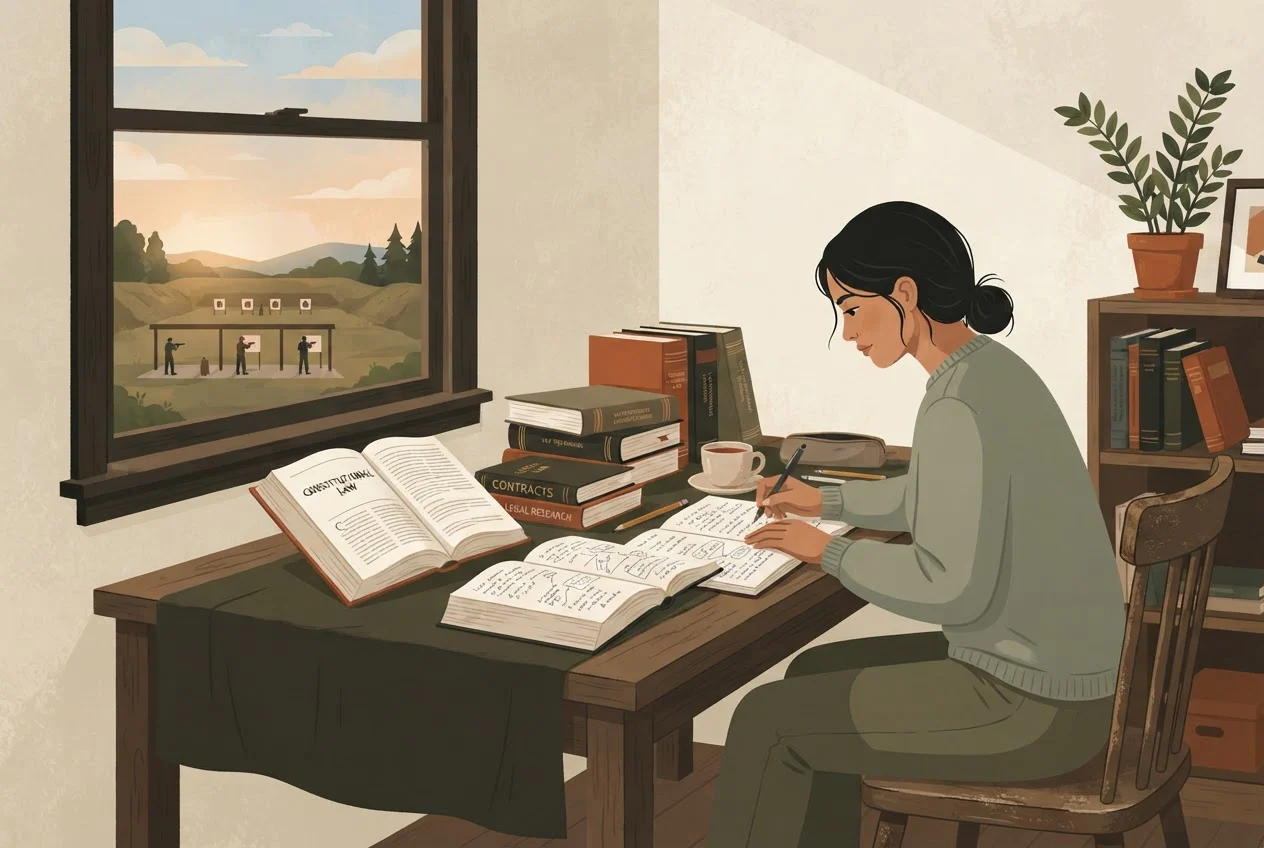 A student studies law books at a desk while a distant shooting range is visible through the window.